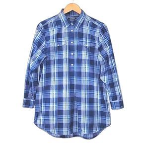 LAUREN RALPH LAUREN Blue Plaid Half Button Up Tunic Long Sleeve Collared Blouse